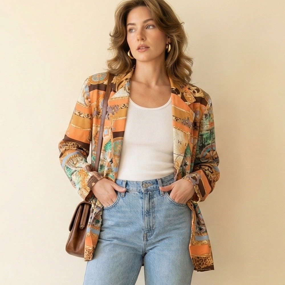 Vintage 90s Mosaique Blazer Jacket Womens Medium Nautical Map Print‎ Multicolor
